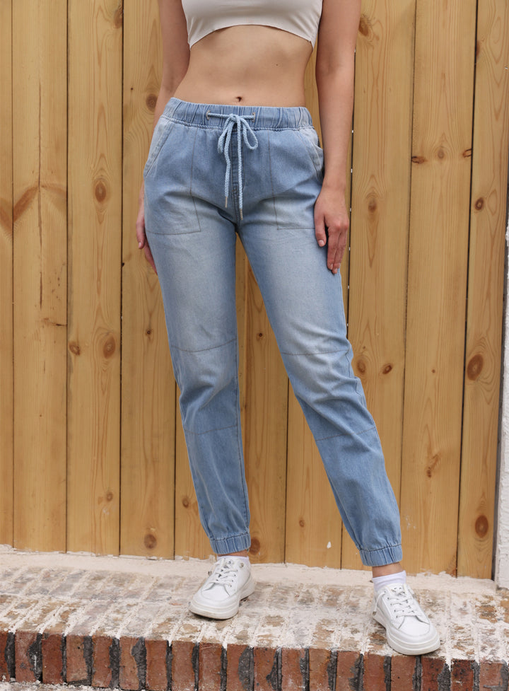 Casual Jeans Light Blue Elastic Waist String Trousers-Woman Jeans-Zishirts