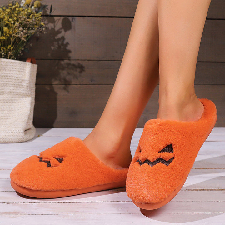 Cute Halloween Pumpkin Slippers Winter Warm Plush Bedroom Floor Home Slippers Casual Slip On Comfortable Cozy Indoor House Shoes-Womens Footwear-Zishirts