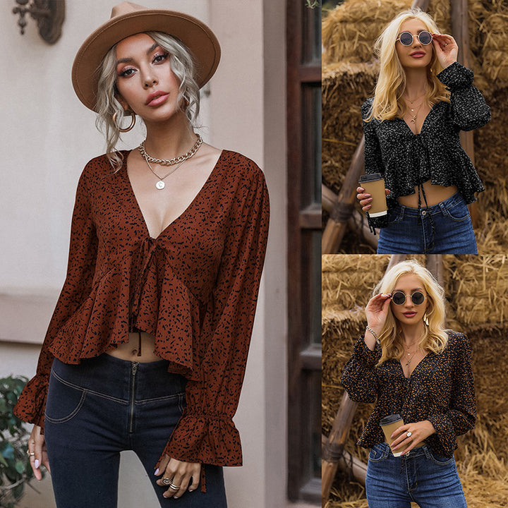 Bell Sleeve Leopard Print Lace-up Long Sleeve Exposed Navel Ruffled Irregular Top-Blouses & Shirts-Zishirts