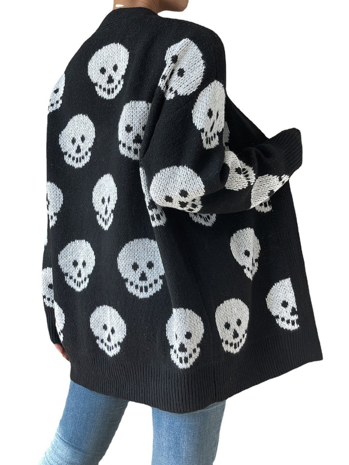 Women's Fashion Casual Halloween Skull Jacquard Knitted Long Sleeve Cardigan-Sweaters-Zishirts