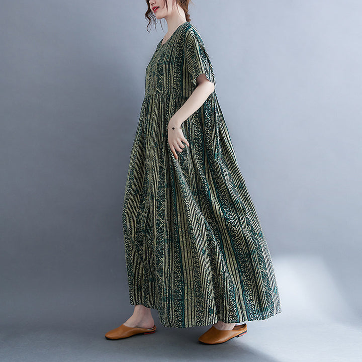Loose Ladies Cotton Linen Printed Short Sleeve Dress-Lady Dresses-Zishirts