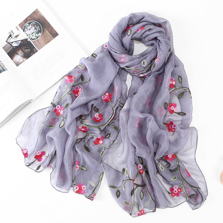 Women's Chiffon Flower Embroidered Silk Scarf Beach Shawl-Scarves & Wraps-Zishirts