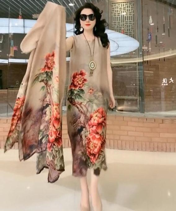 Cross-border New Arrival Artificial Silk Blended Dress Two-piece Loose Suit Printed Skirt-Womens 2024 March-Zishirts