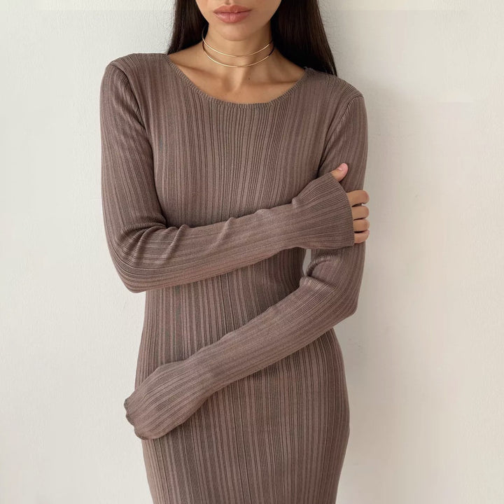 Sunken Stripe Waist-tight Hip Knitwear Dress Long Sleeve-Lady Dresses-Zishirts