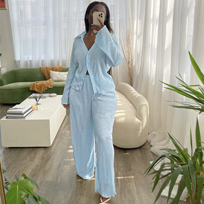 Women's Solid Color Rib Fabric Wave Edge Loose Homewear Flare Sleeve Blouse Suit-Women's Outerwear 2023-Zishirts