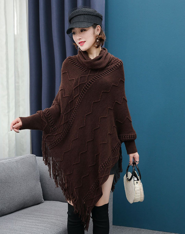 Autumn And Winter New Tassel Knitwear Shawl High Collar Warm Batwing Sleeve Pullover-Scarves & Wraps-Zishirts