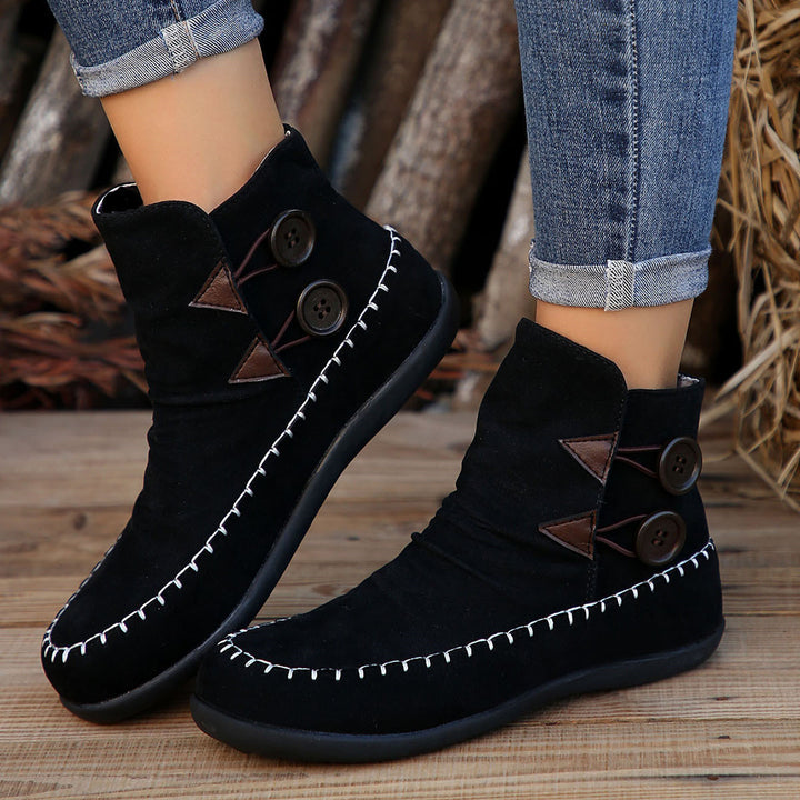 Button Design Ankle Boots For Women Autumn And Winter New Style Flat Boots With Stitching Fashion Solid Round Toe Short Shoes-Womens Footwear-Zishirts