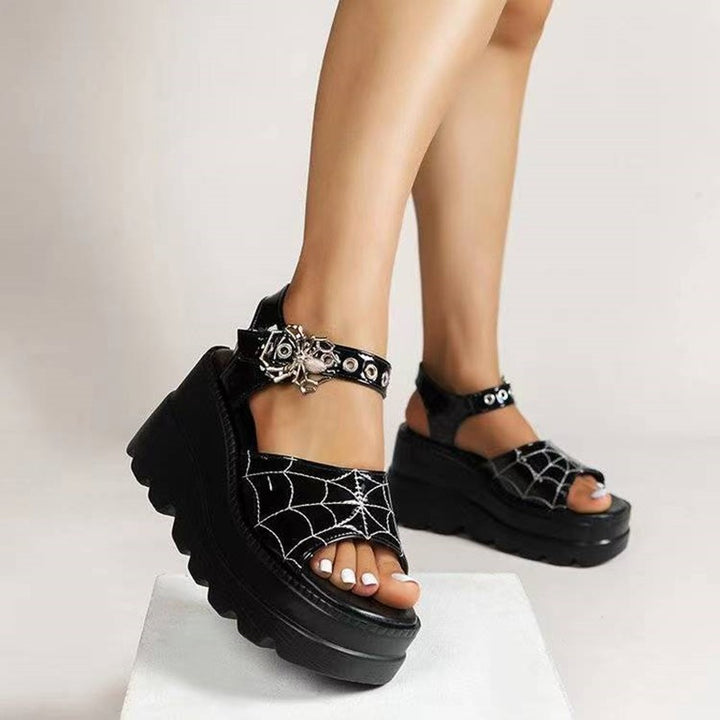 Women's Graceful And Fashionable Platform Spider Web Embroidered Sandals-Womens Footwear-Zishirts