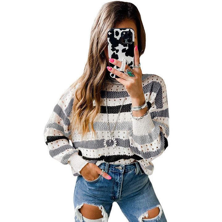 Leisure Personality Stitching Striped Round Neck Sweater-Sweaters-Zishirts