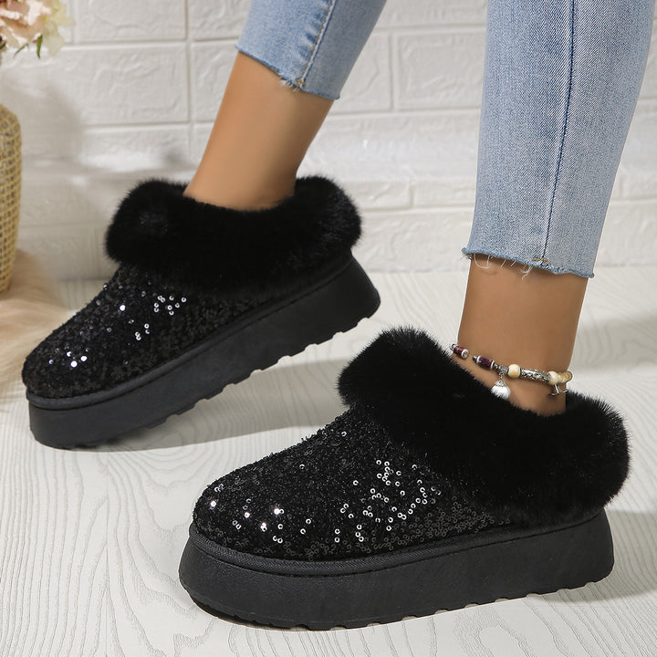 Fashion Sequined Thick-soled Plush Shoes Winter Indoor And Outdoor Casual Warm Slippers Women Garden House Shoes-Womens Footwear-Zishirts