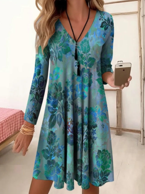 V-neck High Waisted Printed Sleeve Loose Fitting Dress-Womens 2024 March-Zishirts