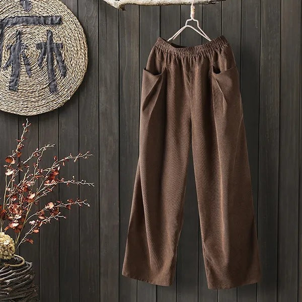 Women's Fashion Corduroy Elastic Waist Solid Color Pocket Casual Pants Harem Loose Trousers-Women's Outerwear 2023-Zishirts