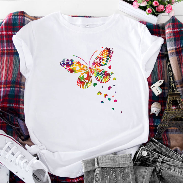 Women's Fashion Casual Heart Butterfly Printed Cotton Round Neck Short Sleeve-Women's Outerwear 2023-Zishirts