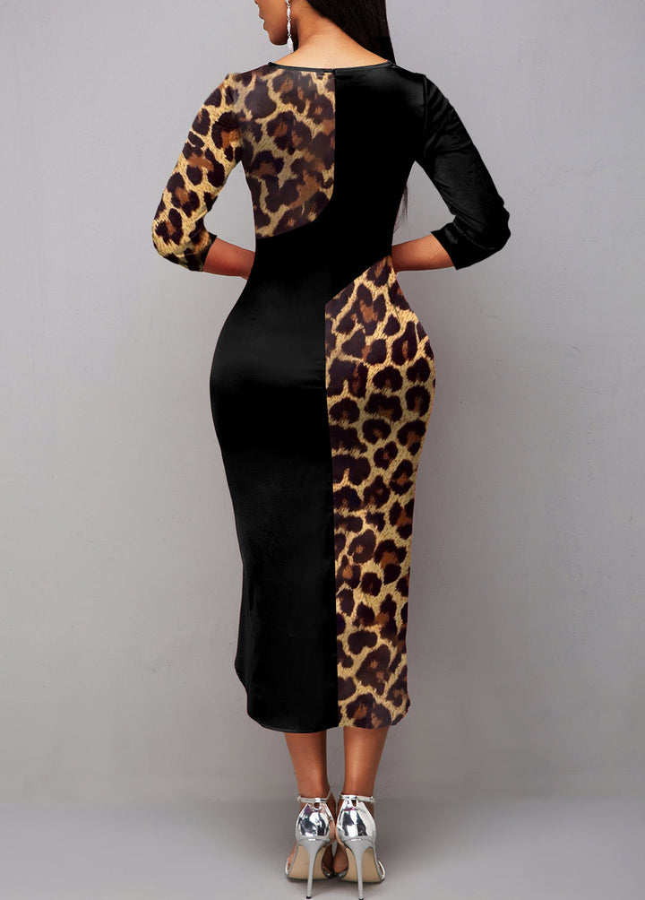 Intellectual Style Elegant Women's Leopard Print Pullover Round Neck Irregular Sheath Dress-Lady Dresses-Zishirts