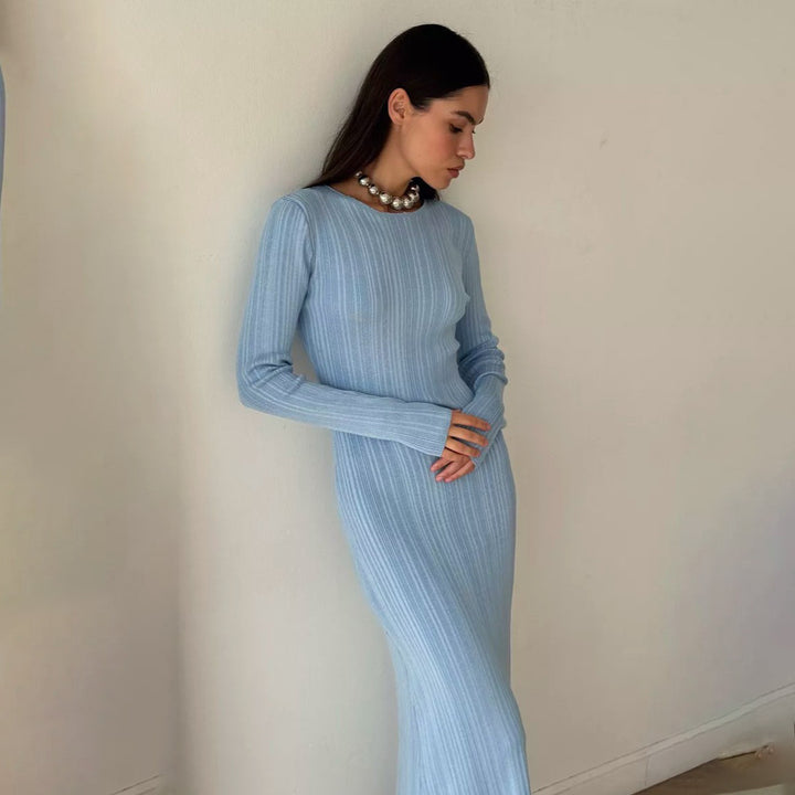 Sunken Stripe Waist-tight Hip Knitwear Dress Long Sleeve-Lady Dresses-Zishirts