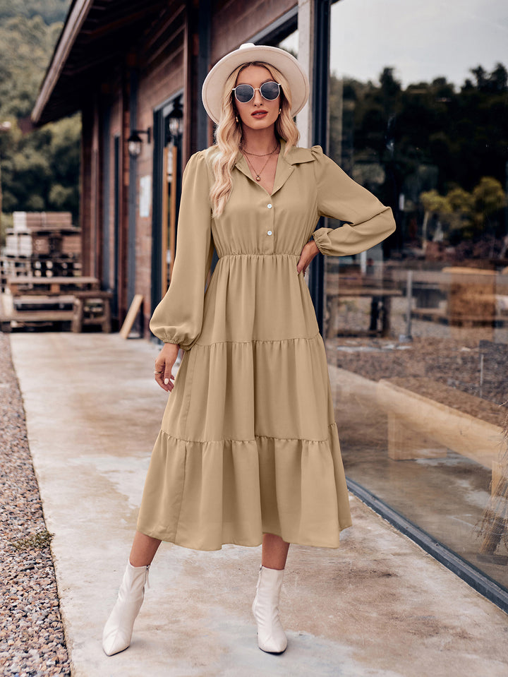 Solid Color Casual Shirt Collar Waist-controlled Long Sleeves Dress-Lady Dresses-Zishirts