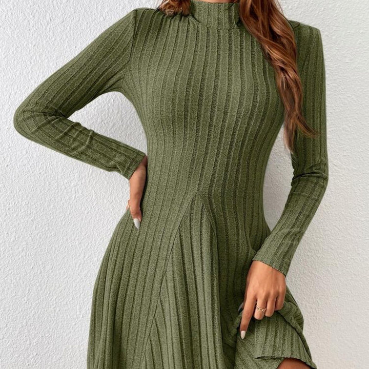 Half Turtleneck Solid Color Rib Fabric Long Sleeve Dress Women-Lady Dresses-Zishirts