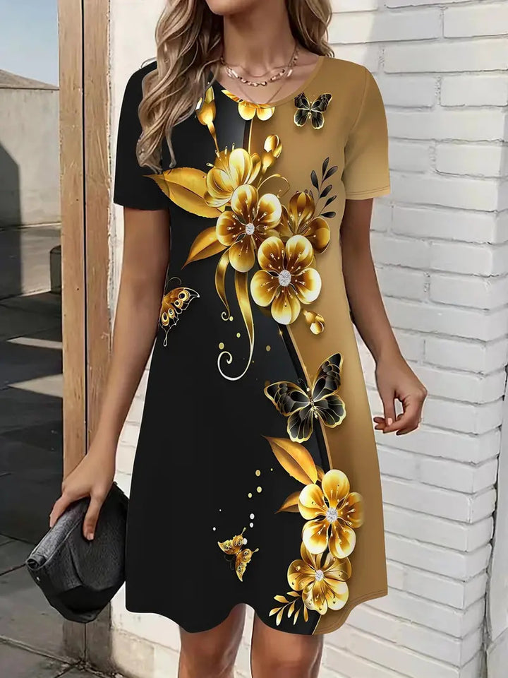 Elegance Retro Printing Digital 3D Printing Round Neck Short Sleeve A- Line Dress-Lady Dresses-Zishirts