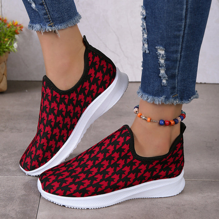 Houndstooth Print Sneakers Round Toe Mesh Flats Shoes-Womens Footwear-Zishirts