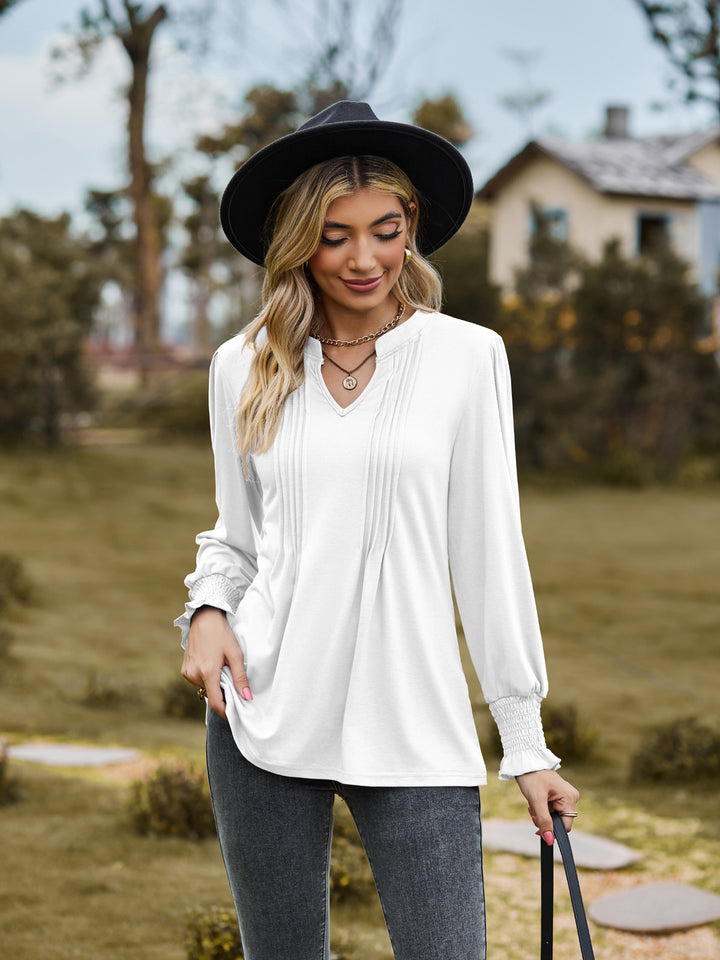 Women's Solid Color Striped Puff Sleeve V-neck Smocking Long Sleeve Top-Blouses & Shirts-Zishirts