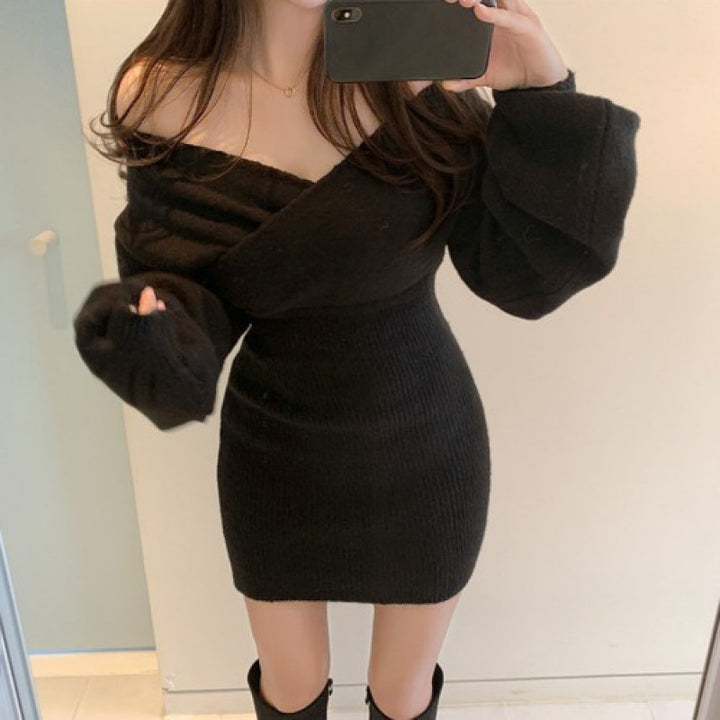 Cross V-neck Hip Women's Knitted Dress Sweater-Lady Dresses-Zishirts