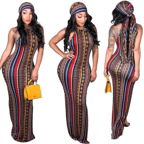 Fashion Sexy Stripes Bohemian Printed Dress Including Headscarf-Lady Dresses-Zishirts