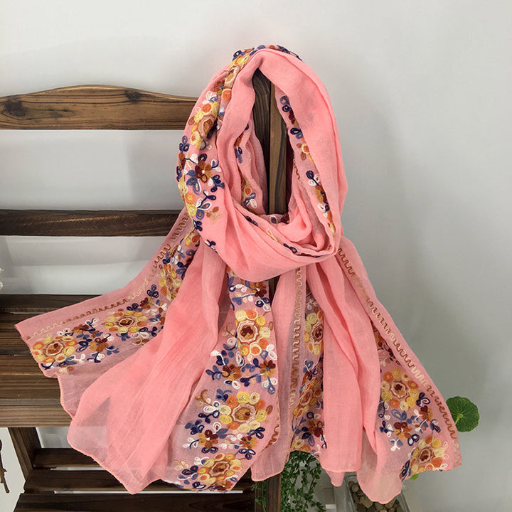 Embroidered Cotton And Linen Scarf Shawl-Scarves & Wraps-Zishirts