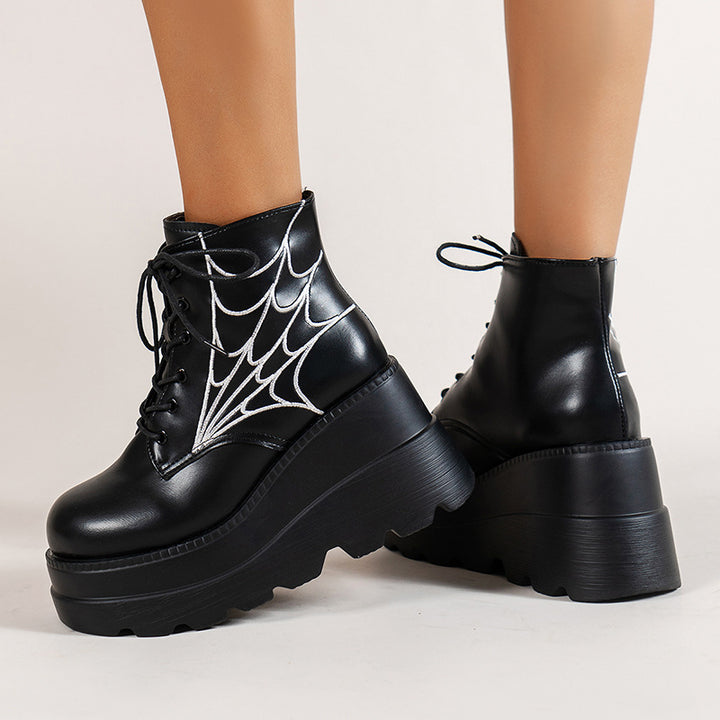 Platform Wedge Dr Martens Boots Autumn And Winter Spider Web Round Toe Lace-up Short Leather Boots-Womens Footwear-Zishirts