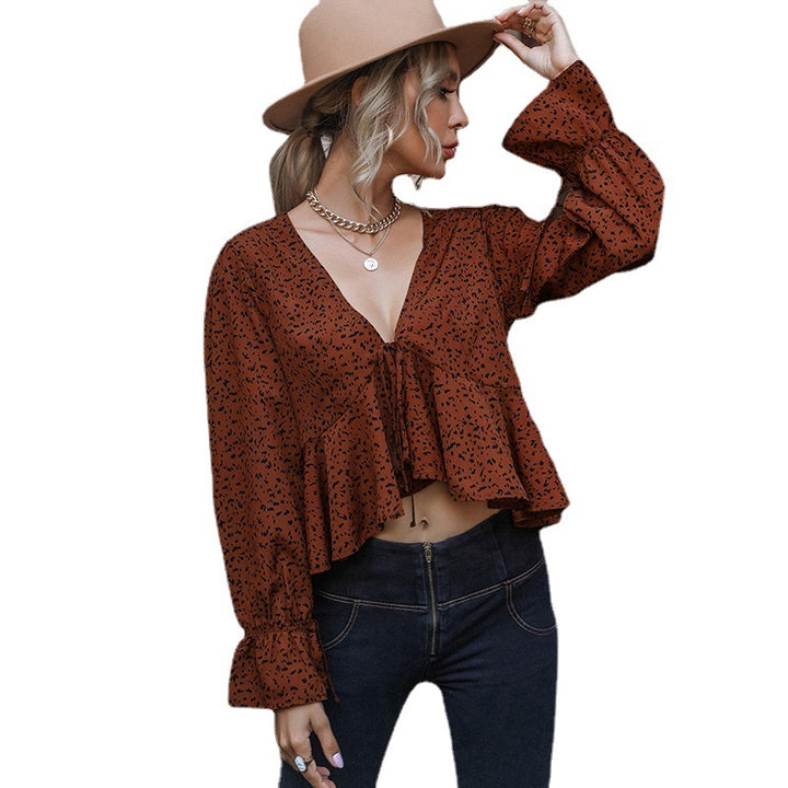 Bell Sleeve Leopard Print Lace-up Long Sleeve Exposed Navel Ruffled Irregular Top-Blouses & Shirts-Zishirts