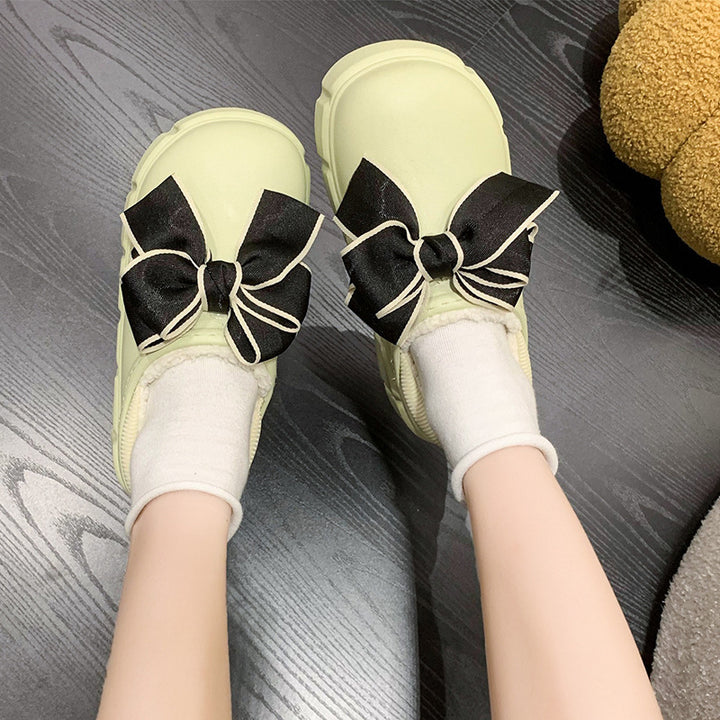 Bowknot Cotton Slippers Warm With Velvet Waterproof Home Indoor Platform Cotton Shoes-Womens Footwear-Zishirts