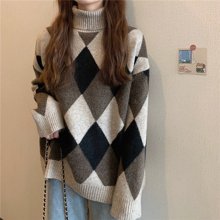 Korean Style Retro Lazy Style Diamond Plaid Colorblock Thick Warm Loose Turtleneck Sweater-Women's Outerwear 2023-Zishirts