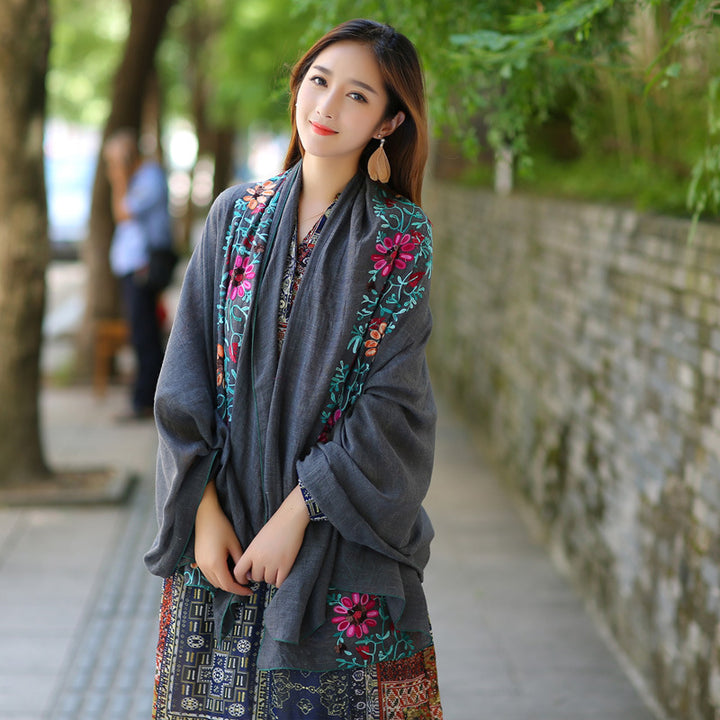 Ethnic Style Embroidered Floral Scarf Shawl Sunscreen Silk Female-Scarves & Wraps-Zishirts