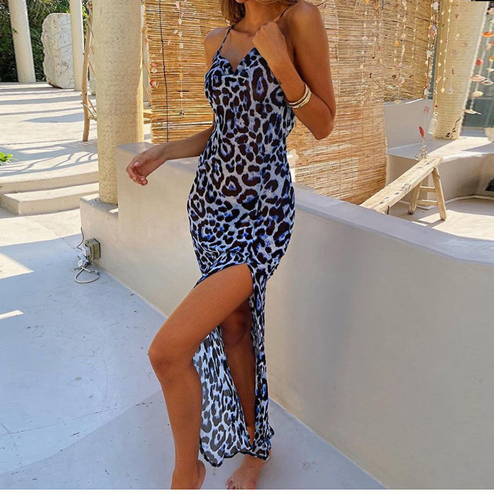 European American Summer New Beach Vacation Style Temperament Leopard Print Sexy Slit Slim-fit Suspender Dress-Lady Dresses-Zishirts