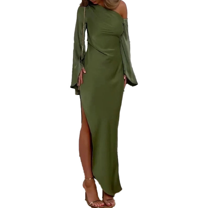 Solid Color Long Sleeve Slim-fit Oblique Shoulder Split Long Dress-Lady Dresses-Zishirts