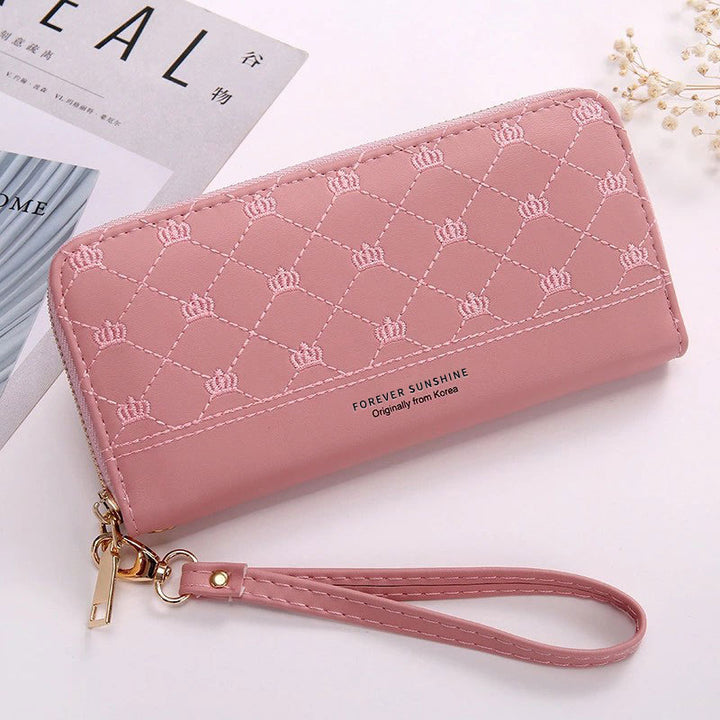 Long Crown Embroidery Thread Single Zip Clutch Wallet Women-Women's Bags-Zishirts