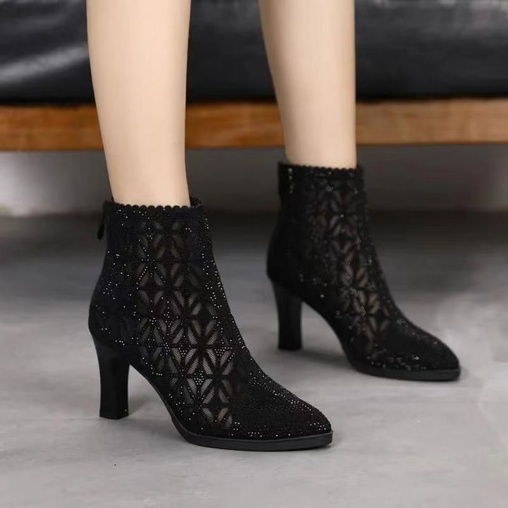 High Heel Mesh Boots Hollow-out Single Boots Pointed Toe Rhinestone Mesh-Womens Footwear-Zishirts