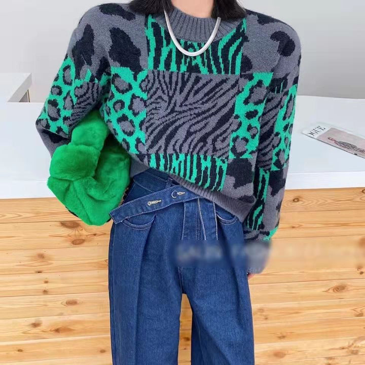 Lazy Wind Needle Leopard Pattern Loose Round Neck Sweater Women's Top-Sweaters-Zishirts