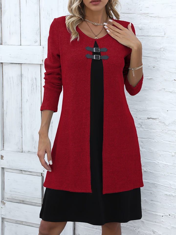 Contrast-color Sweater Dress With Buckle Design Fashion Round-neck Long-sleeved A-line Dresses Fall Wainter Women's Clothing-Lady Dresses-Zishirts