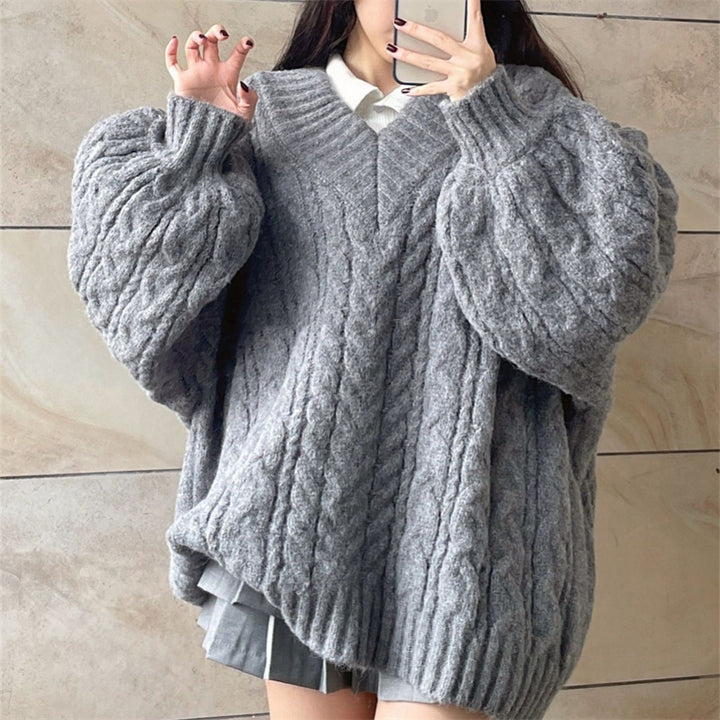 Cute Idle Style V-neck Large Sweater Gentle Korean Style-Sweaters-Zishirts