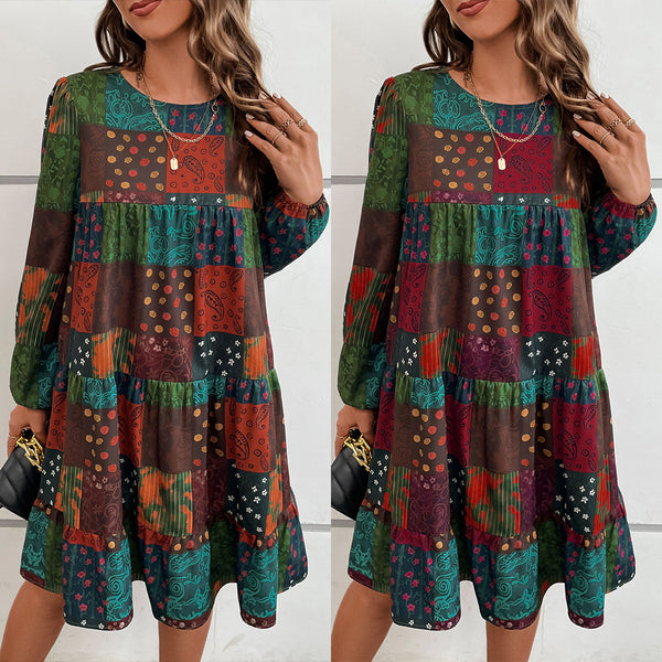 Round Neck Fashion Casual Long Sleeve A- Line Printed Dress-Women's Outerwear 2023-Zishirts