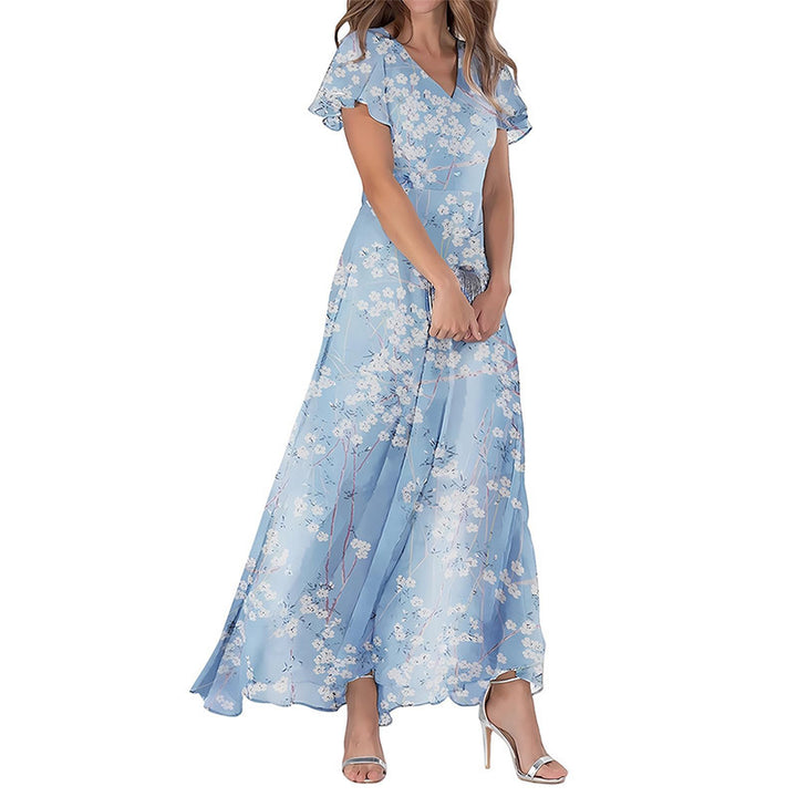 Women's Short Sleeve Printed Chiffon Dress-Lady Dresses-Zishirts