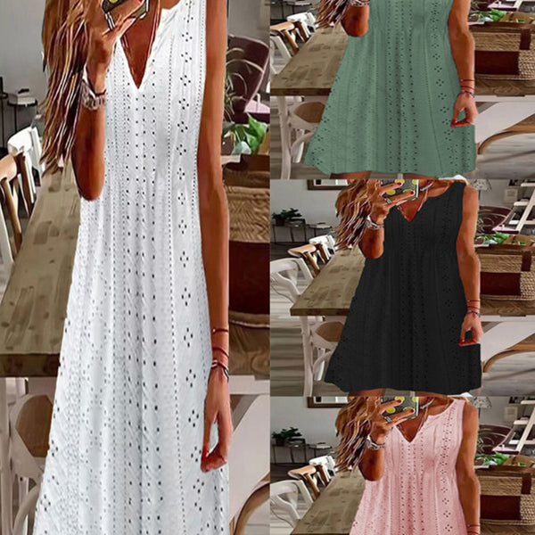 Women's Fashion Solid Color Hollow Jacquard V-neck Sleeveless Dress