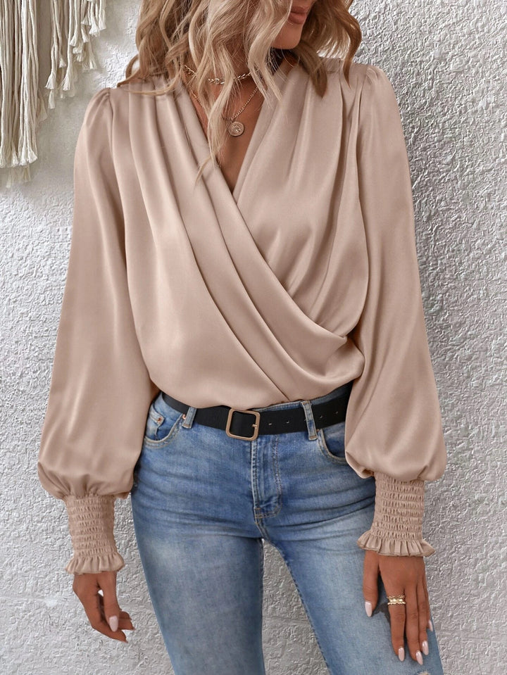 Women's Elegant Women's V-neck Lantern Sleeve Style Solid Color Shirt-Blouses & Shirts-Zishirts