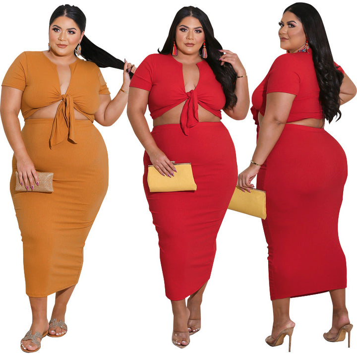 Women's Midriff-baring Top Mid-length Dress Set-Suits & Sets-Zishirts