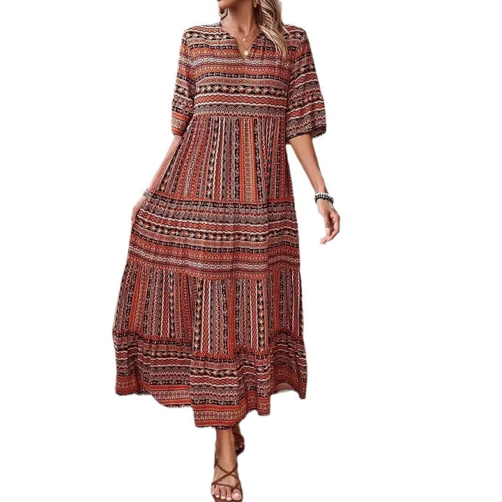 Retro Loose Mixed Color Half Sleeve Dress-Lady Dresses-Zishirts