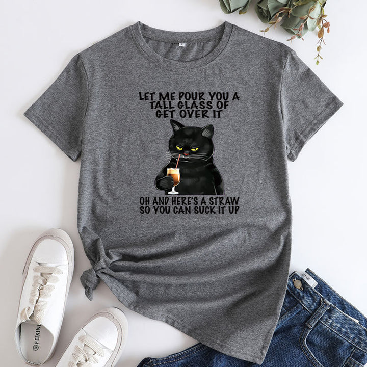 Plus Size Cat Printing Cotton Round Neck Short Sleeve-Blouses & Shirts-Zishirts