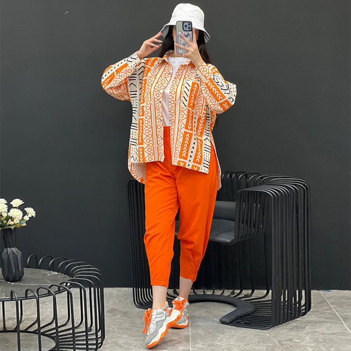 Women's Fashion Loose-fitting Long Sleeves Shirt Ankle-tied Harem Pants Two-piece Set-Suits & Sets-Zishirts