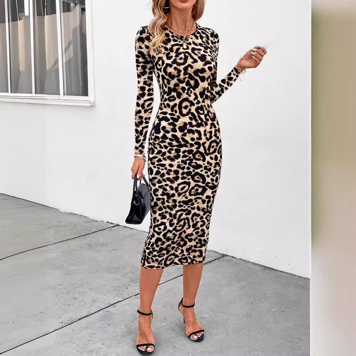 Printed Leopard Print Round Neck Cashmere Long Sleeve Slim Fit Dress-Lady Dresses-Zishirts