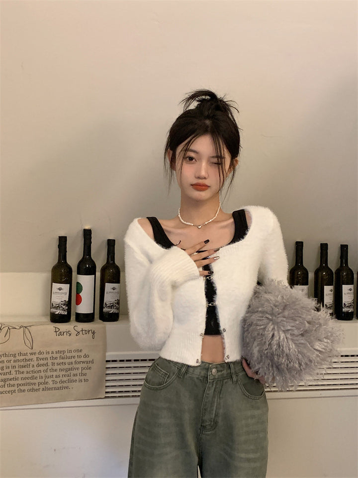 Coffee Colored Imitation Mink Velvet Knitted Cardigan For Women-Sweaters-Zishirts