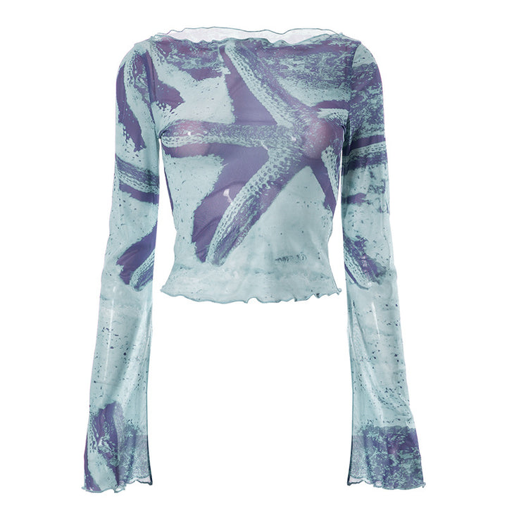 Fashion Trend Abstract Printing Bell Sleeve Short Top-Blouses & Shirts-Zishirts